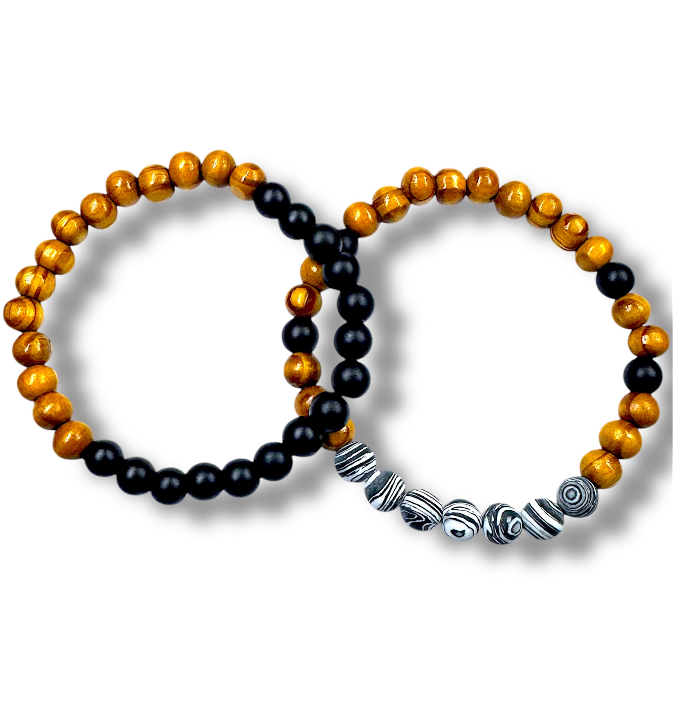 Nyari's Wood, Black Agate, Zebra Jasper Stone Bracelet Set